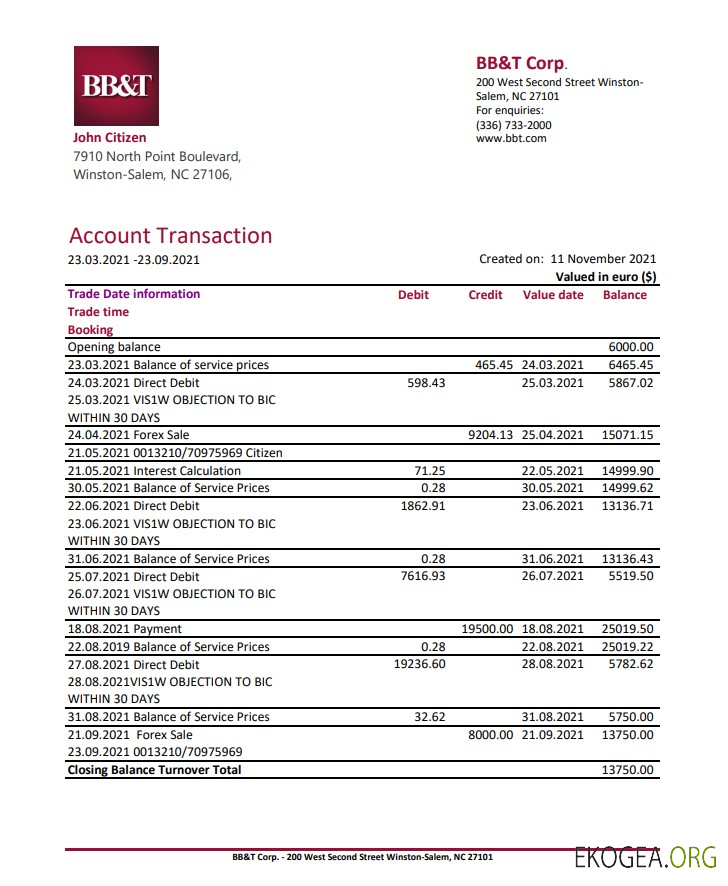 USA BB&T Corp. excel pdf template